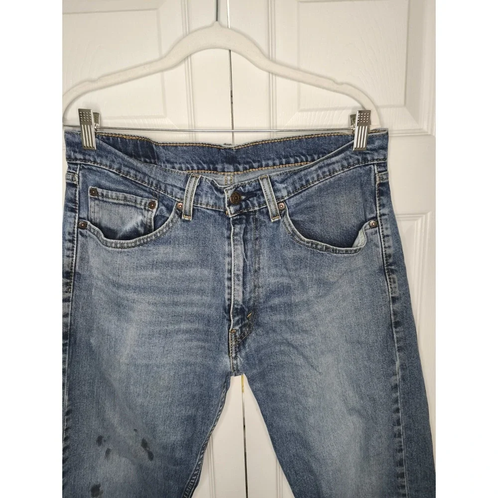 Levis 505 Jeans Mens 34x30 Blue Denim Straight Leg Light Wash Distressed Zip Fly